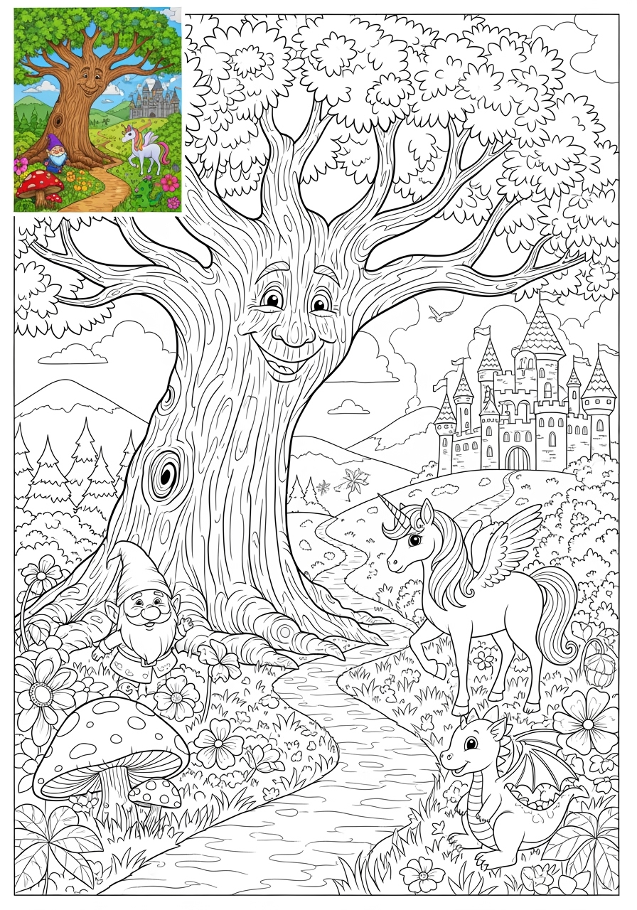 advanced fantasy and fairy tales Magic & Objects enchanted forest kids coloring page 0