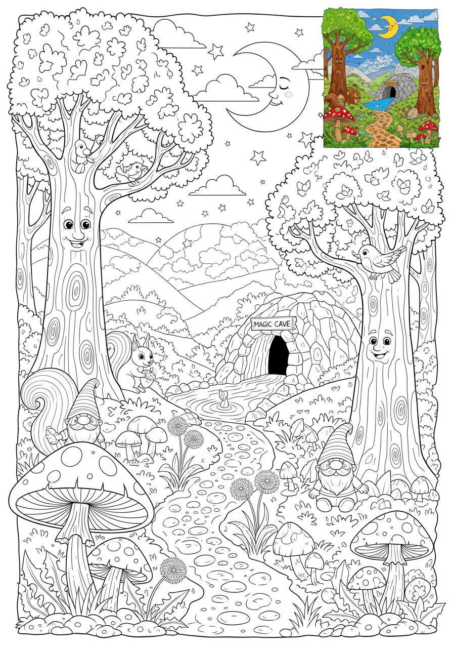 advanced fantasy and fairy tales Magic & Objects enchanted forest kids coloring page 1