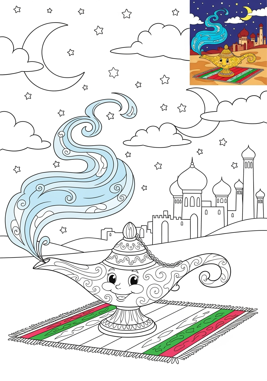 advanced fantasy and fairy tales Magic & Objects genie lamp kids coloring page 1
