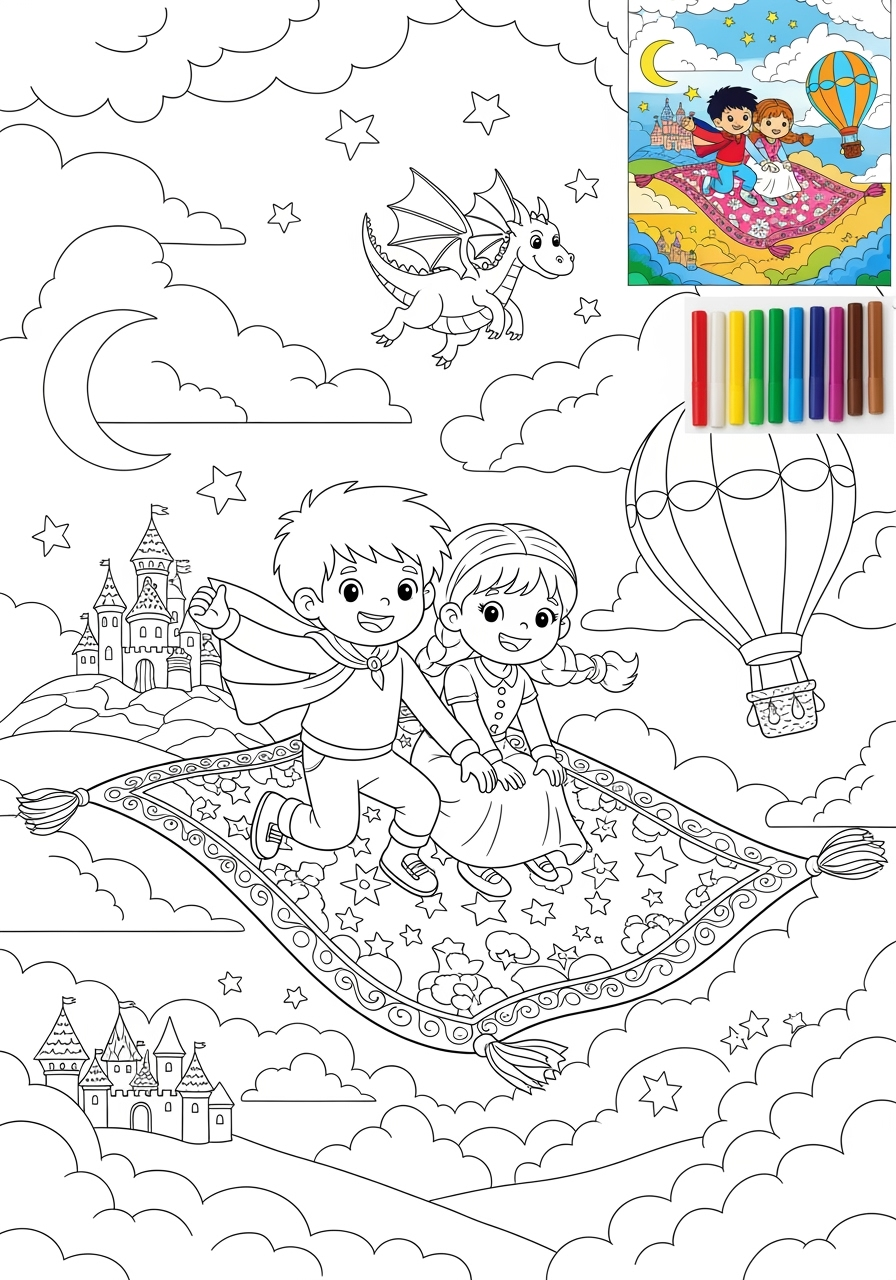 advanced fantasy and fairy tales Magic & Objects magic carpet kids coloring page 1