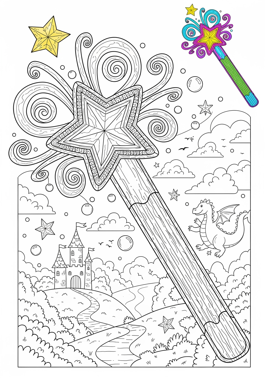 advanced fantasy and fairy tales Magic & Objects magic wand kids coloring page 1
