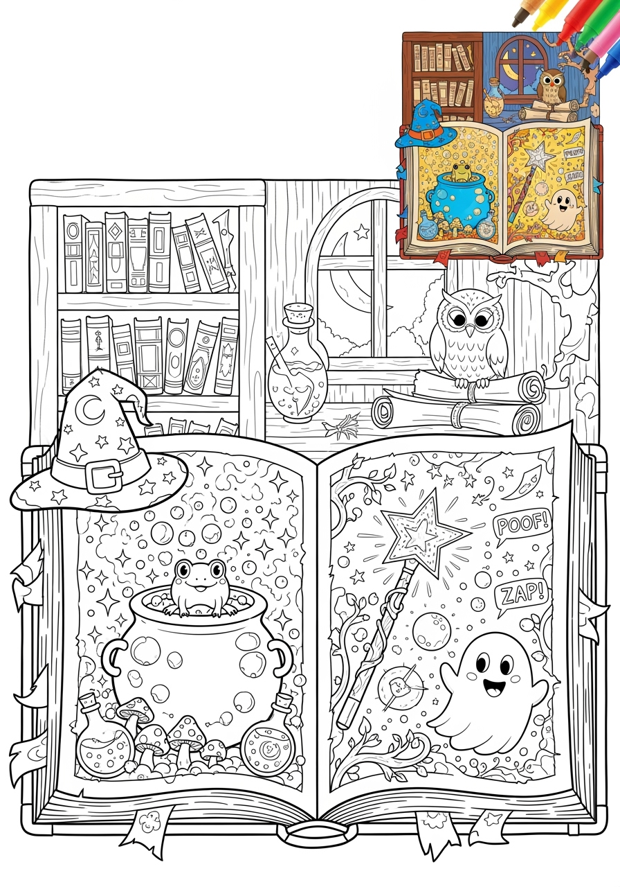 advanced fantasy and fairy tales Magic & Objects spell book kids coloring page 0