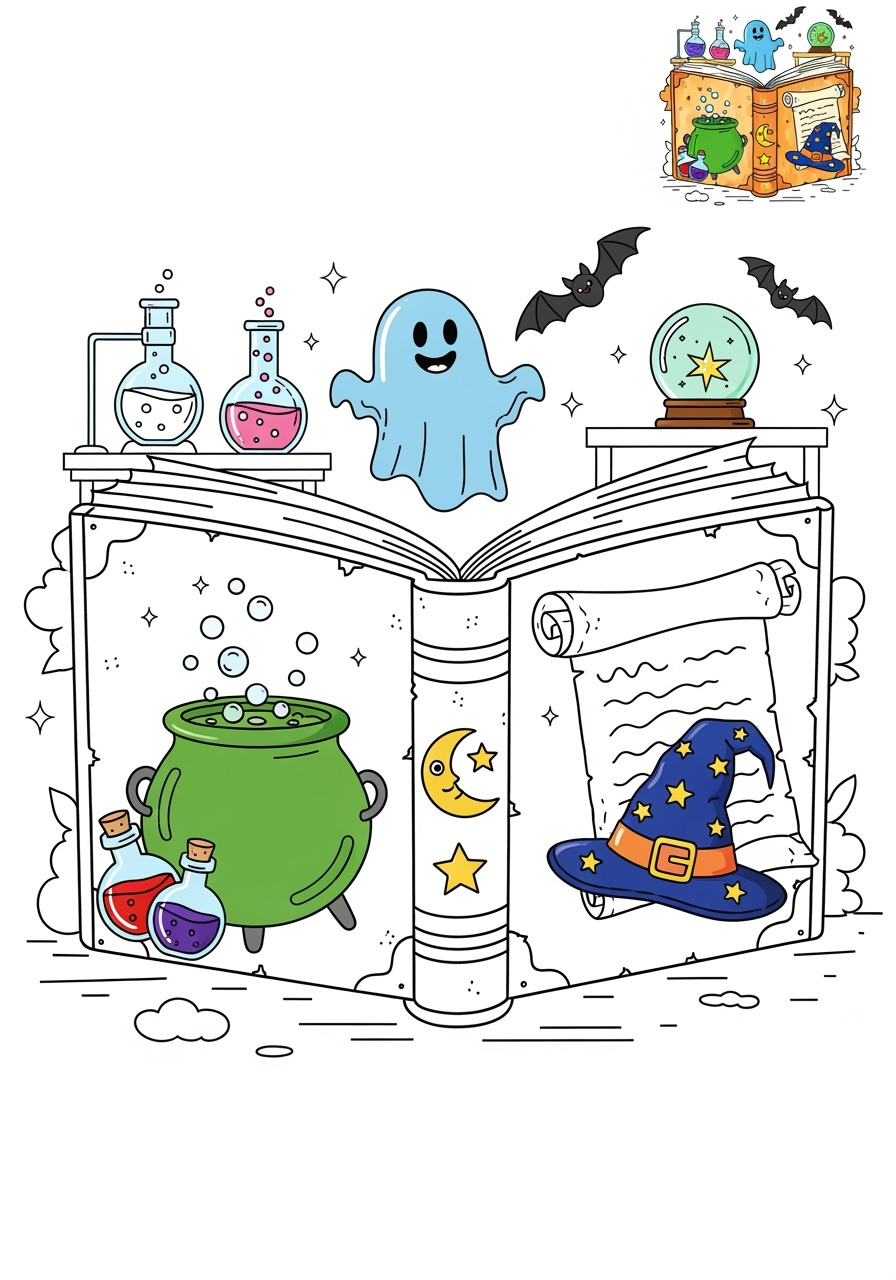advanced fantasy and fairy tales Magic & Objects spell book kids coloring page 1