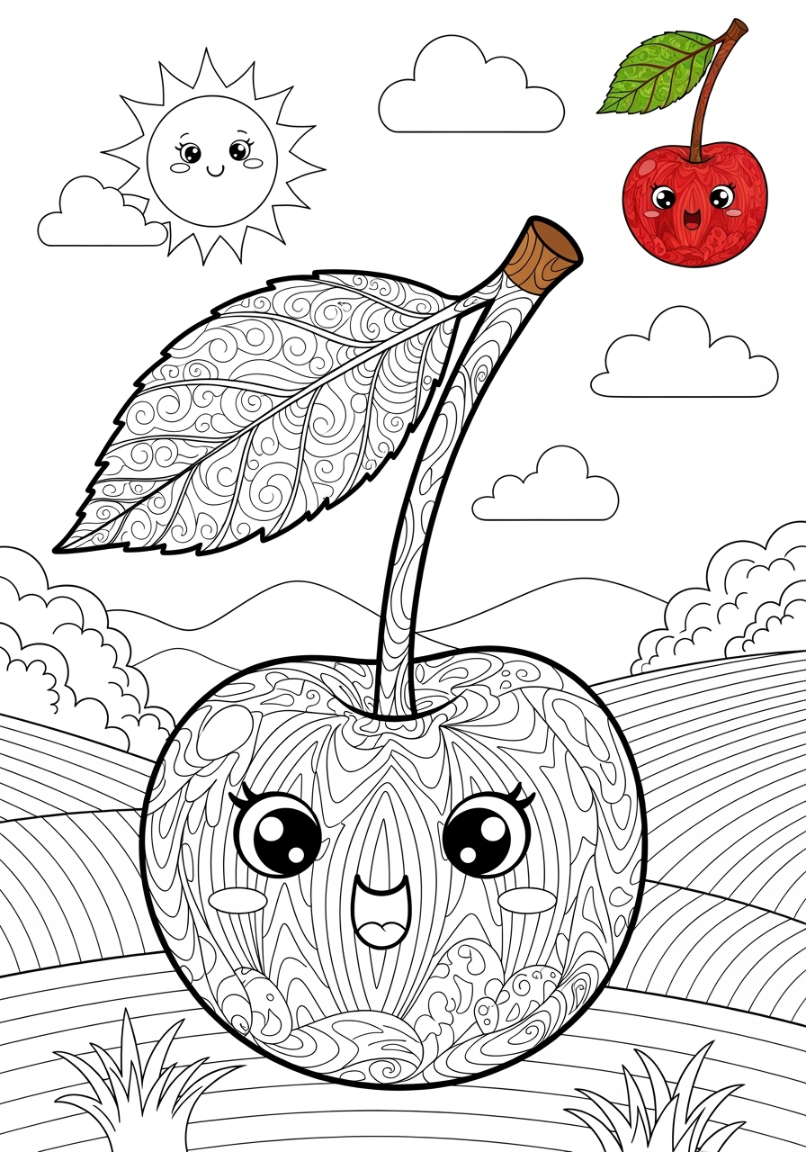 advanced food and treats Fruits cherry kids coloring page 0