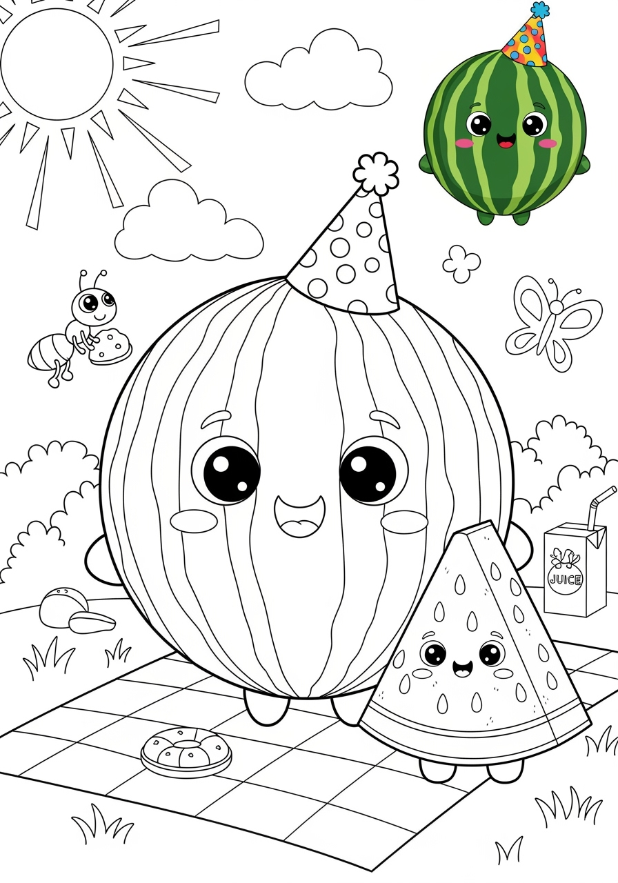 advanced food and treats Fruits watermelon kids coloring page 0