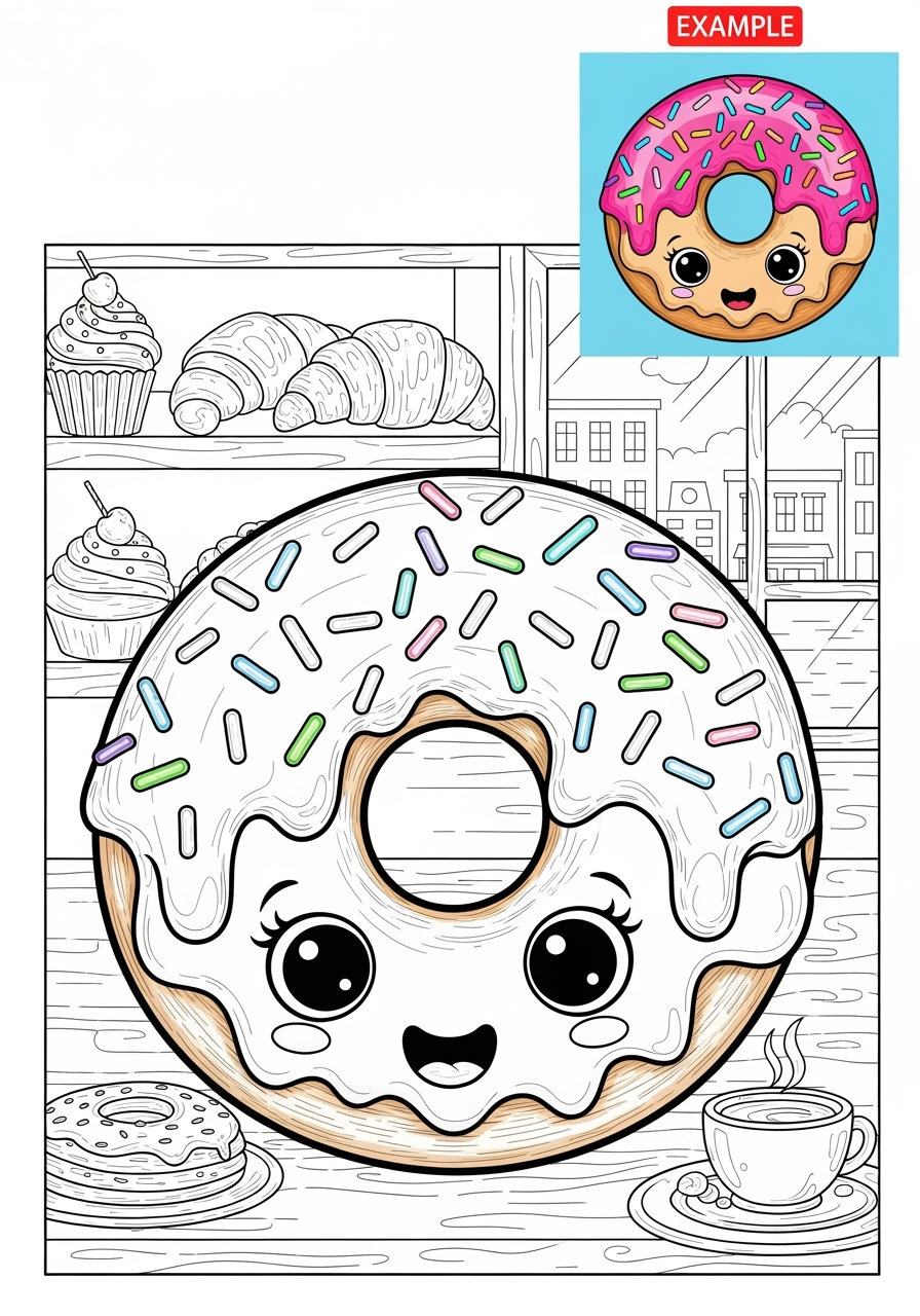 advanced food and treats Desserts donut kids coloring page 1