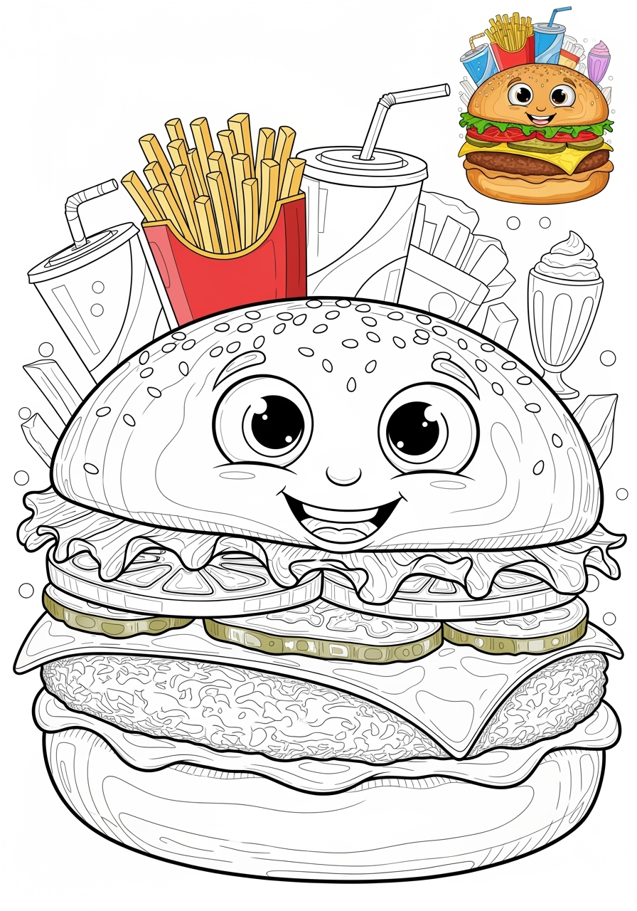 advanced food and treats Snacks & Meals burger kids coloring page 1