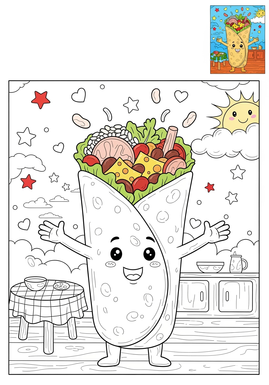 advanced food and treats Snacks & Meals burrito kids coloring page 1