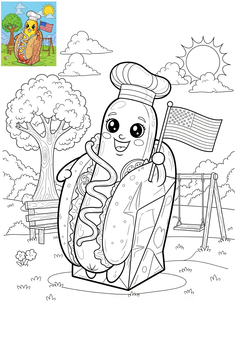 advanced food and treats Snacks & Meals hotdog kids coloring page 1