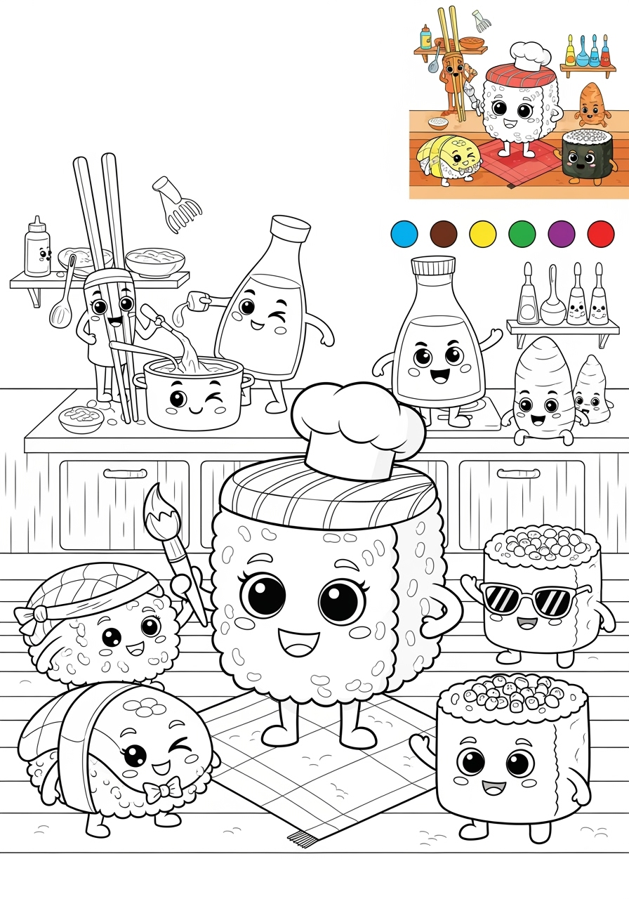 advanced food and treats Snacks & Meals sushi kids coloring page 0