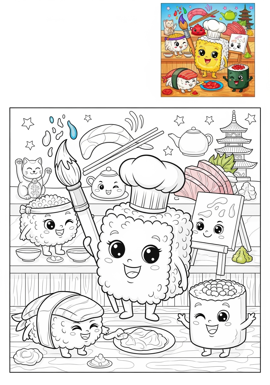 advanced food and treats Snacks & Meals sushi kids coloring page 1