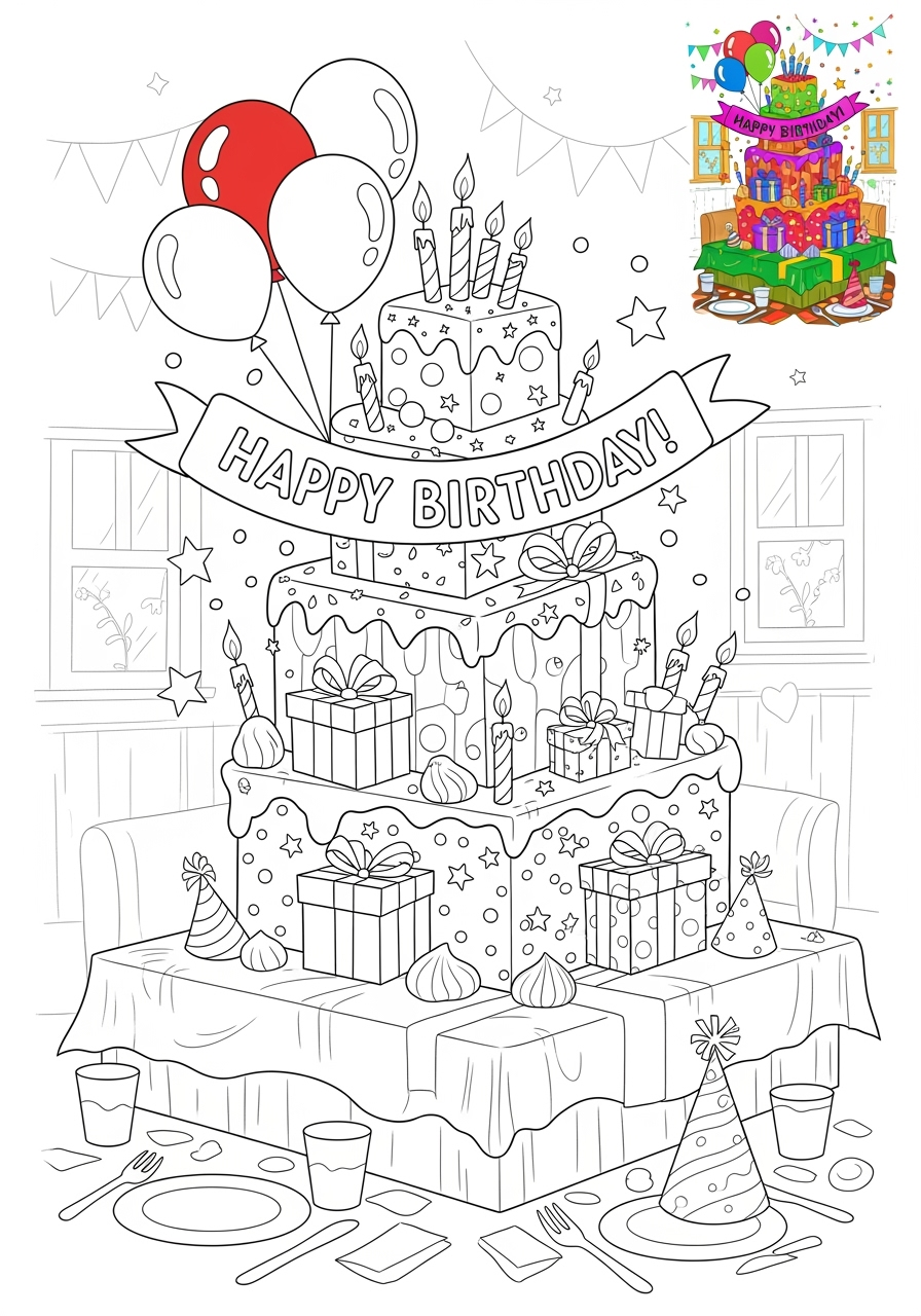advanced holidays and celebrations Birthday & Others birthday cake kids coloring page 0