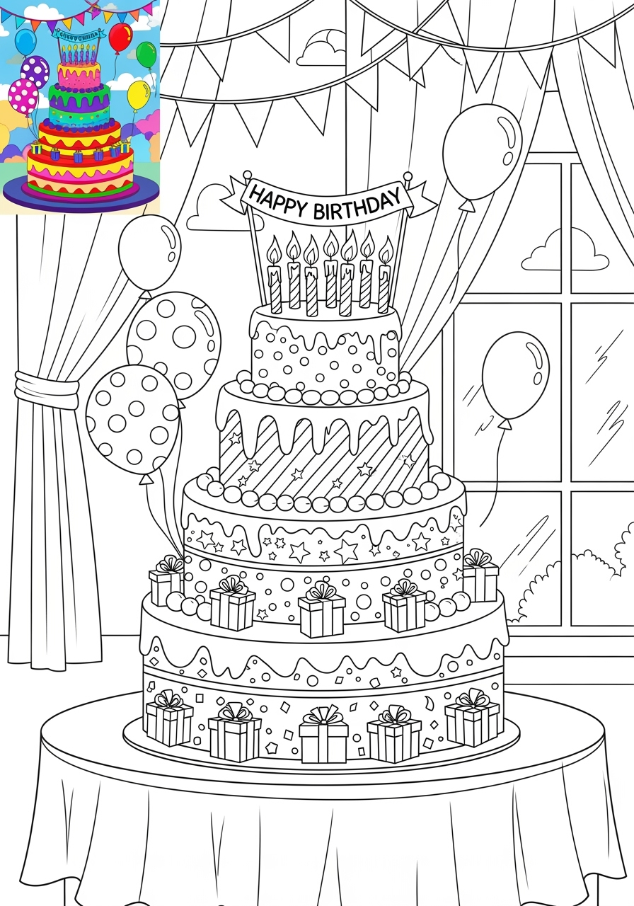 advanced holidays and celebrations Birthday & Others birthday cake kids coloring page 1