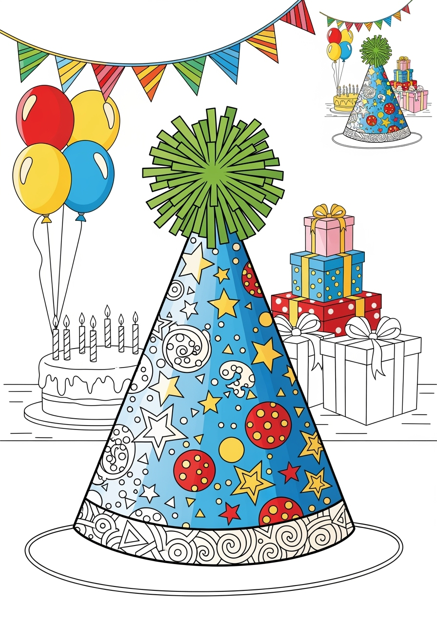 advanced holidays and celebrations Birthday & Others party hat kids coloring page 1