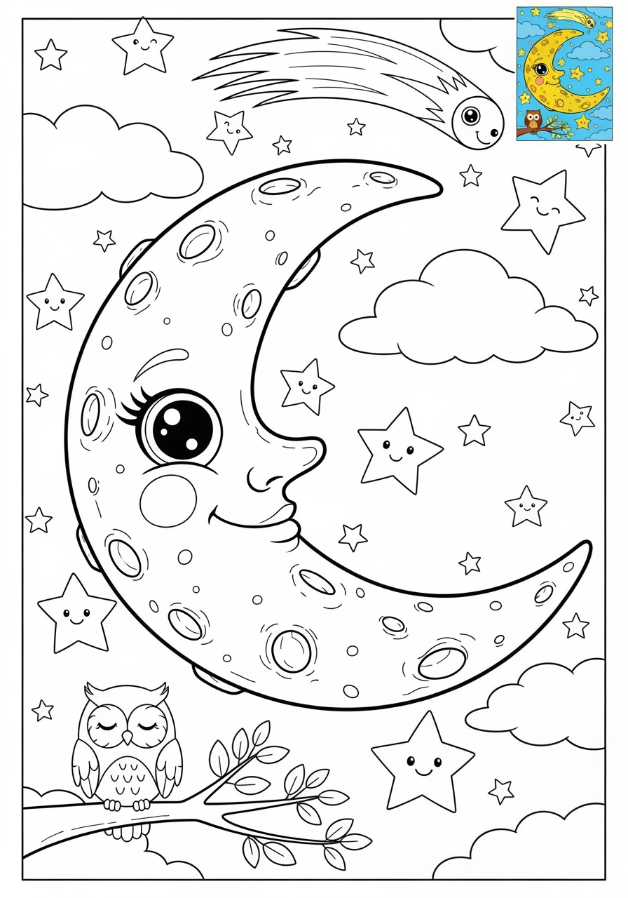 advanced nature and scenery Weather & Sky moon kids coloring page 0