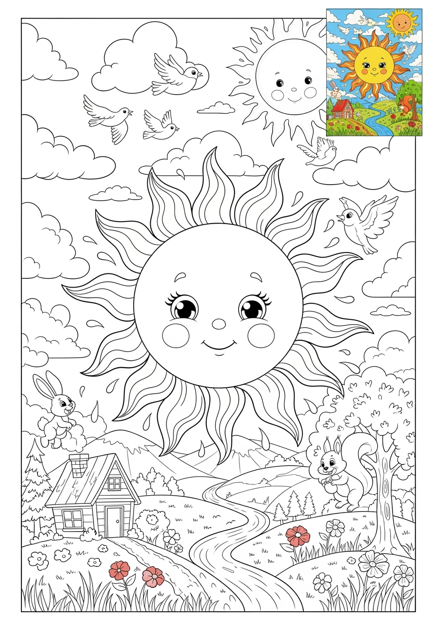 advanced nature and scenery Weather & Sky sun kids coloring page 0