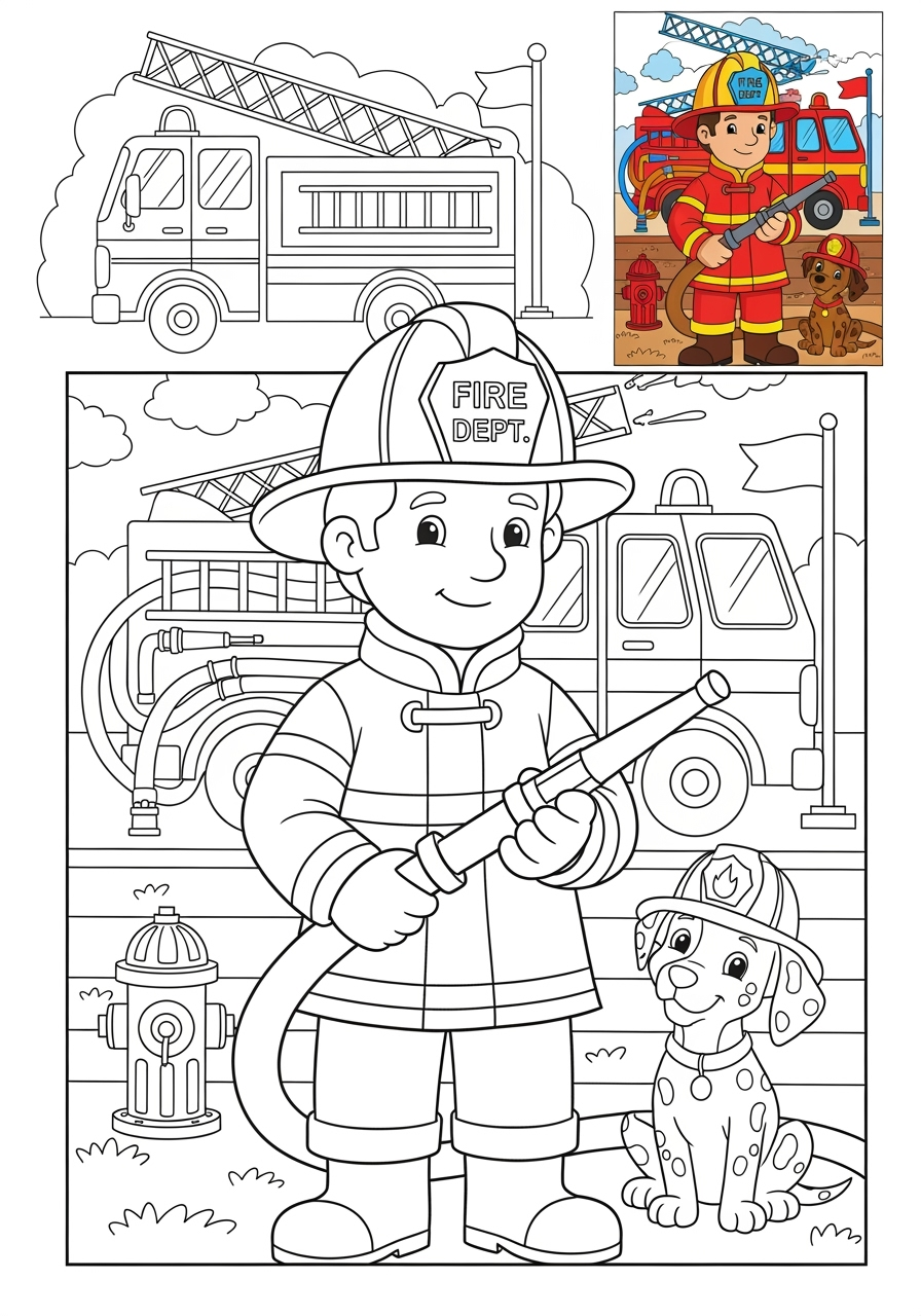 advanced people and professions Community Helpers firefighter kids coloring page 1