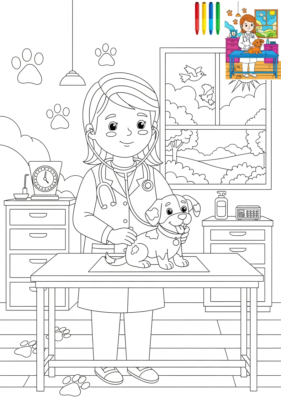 advanced people and professions Community Helpers veterinarian kids coloring page 1