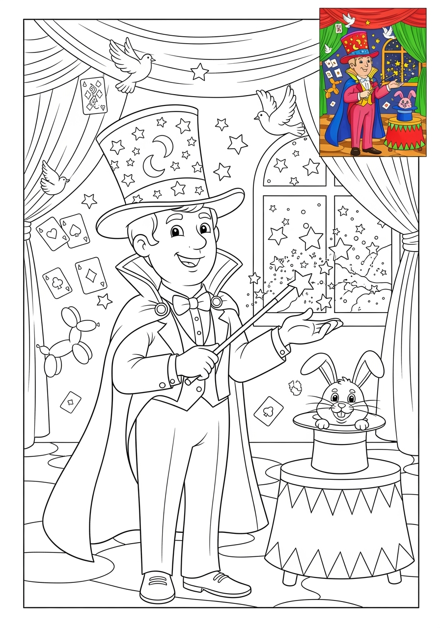 advanced people and professions Artists & Performers magician kids coloring page 0