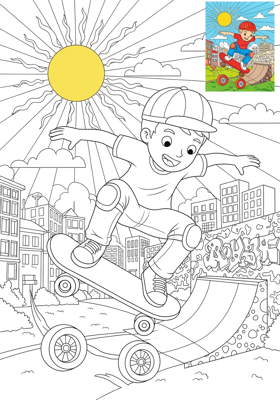 advanced people and professions Sports & Athletes skater kids coloring page 0