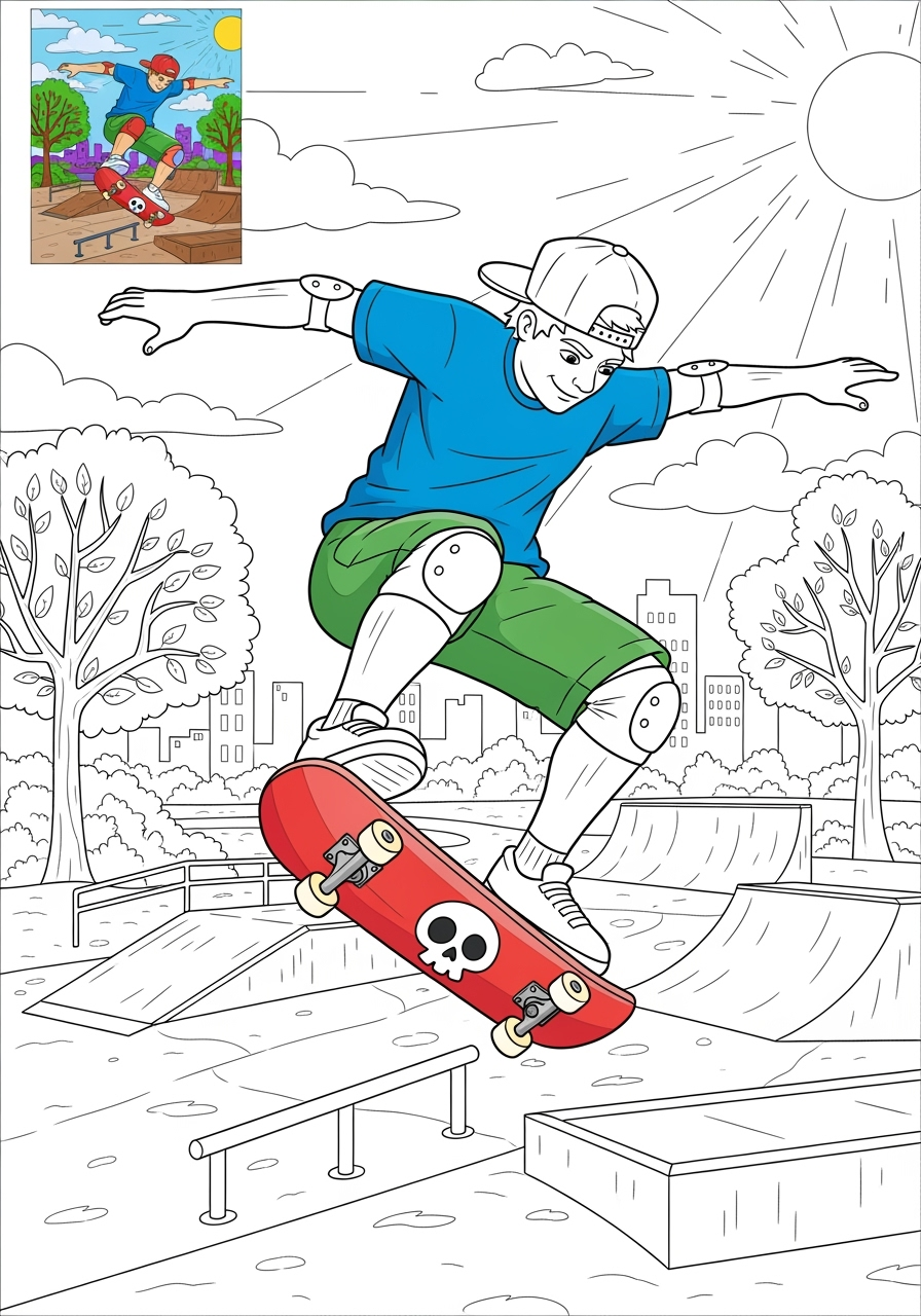 advanced people and professions Sports & Athletes skater kids coloring page 1