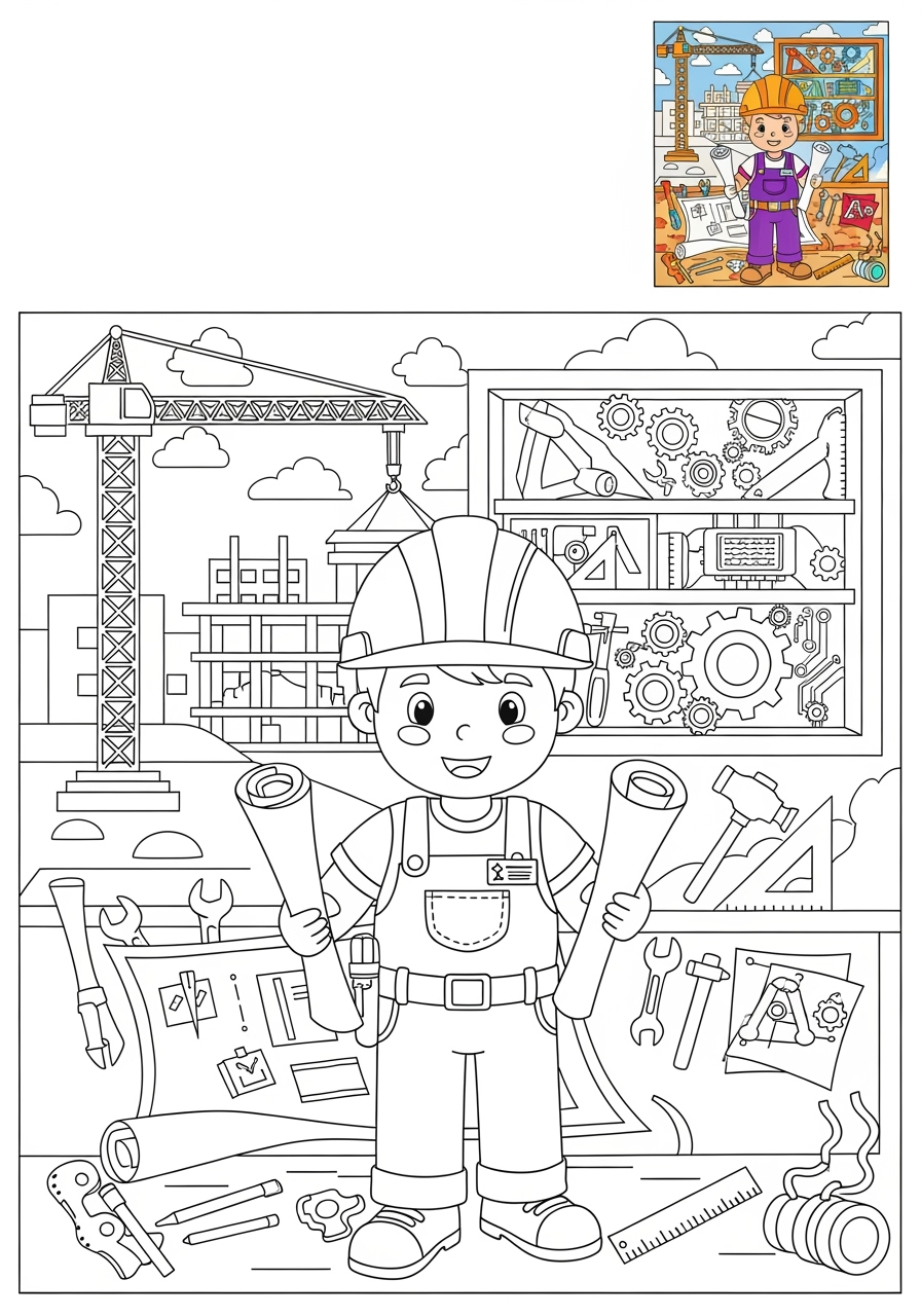 advanced people and professions その他の職業 engineer kids coloring page 1