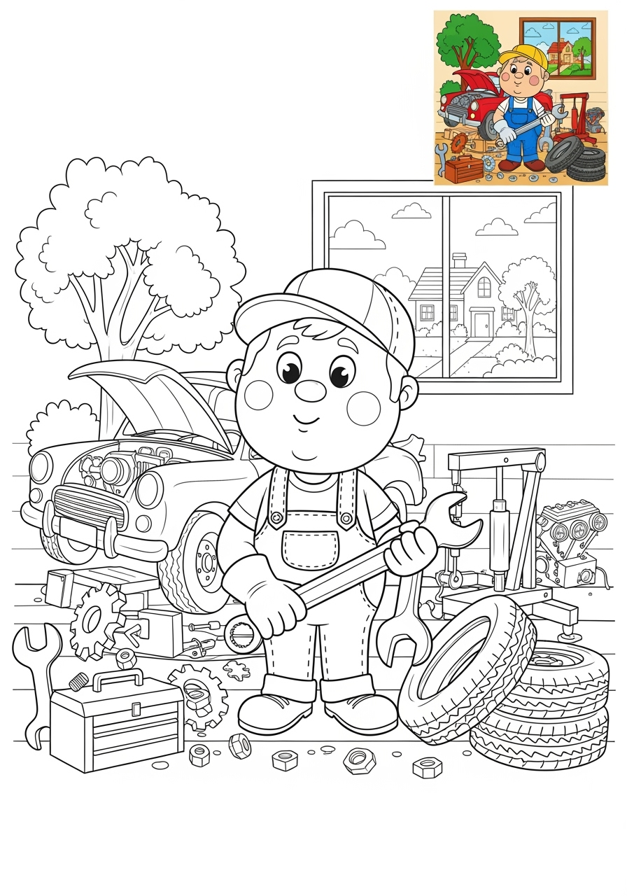 advanced people and professions その他の職業 mechanic kids coloring page 1