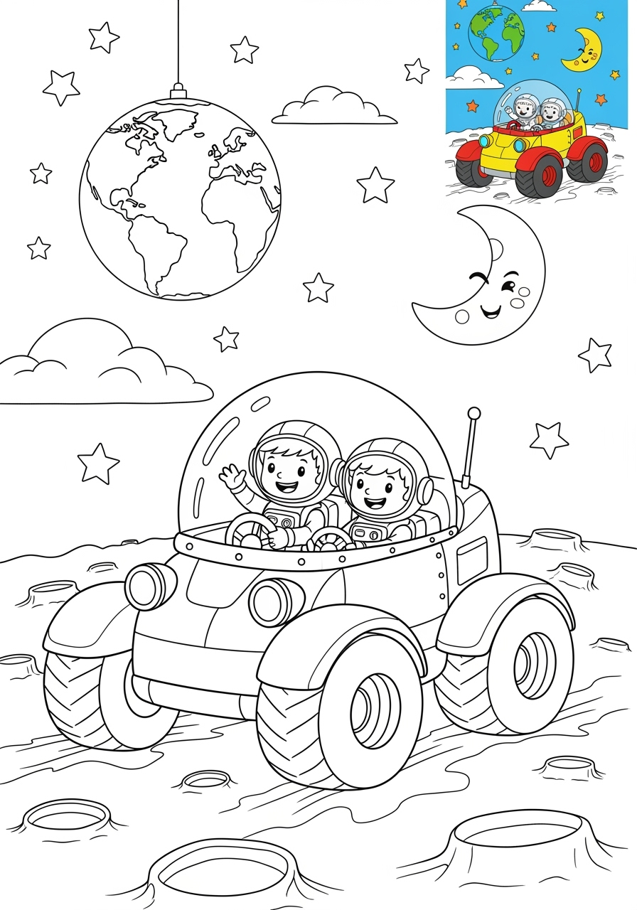 advanced space and astronomy 宇宙船 moon buggy kids coloring page 1
