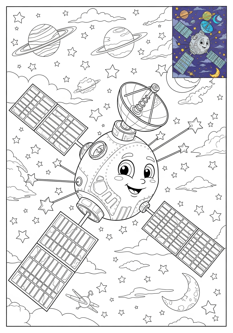 advanced space and astronomy 宇宙船 satellite kids coloring page 1