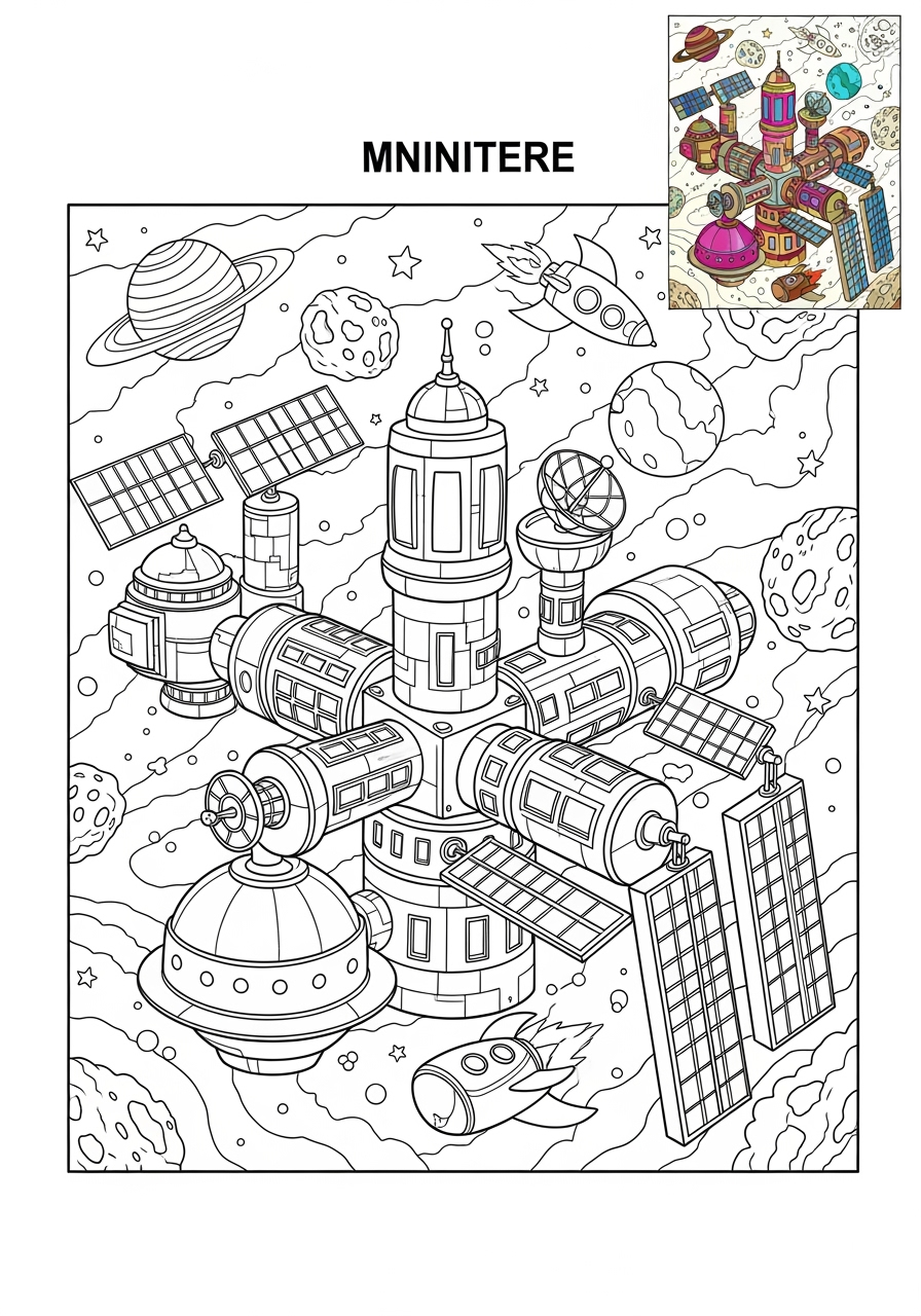 advanced space and astronomy 宇宙船 space station kids coloring page 1