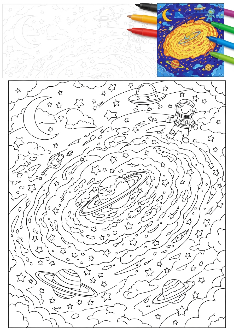 advanced space and astronomy Celestial Bodies nebula kids coloring page 1