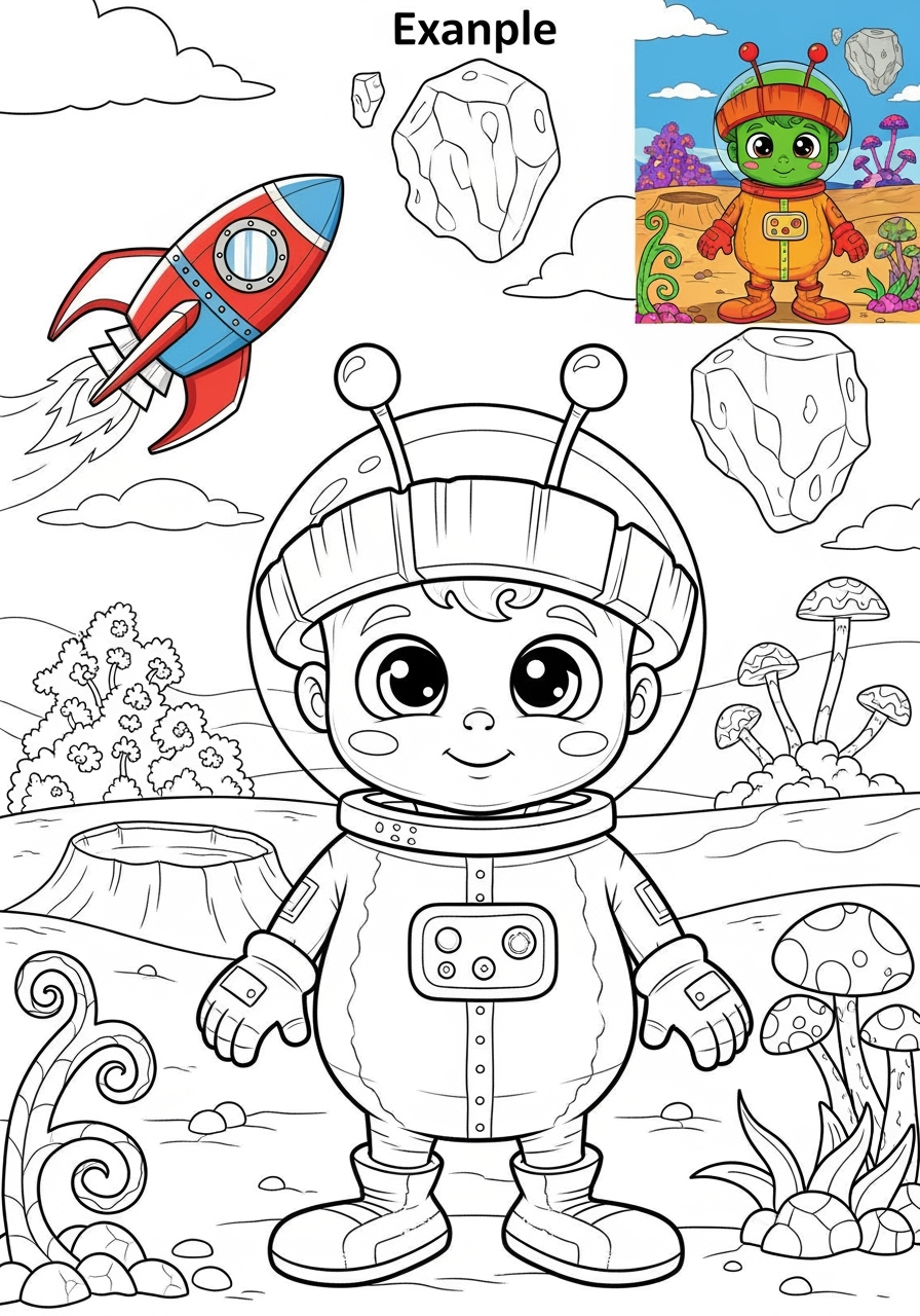 advanced space and astronomy Astronaut & Aliens martian kids coloring page 0