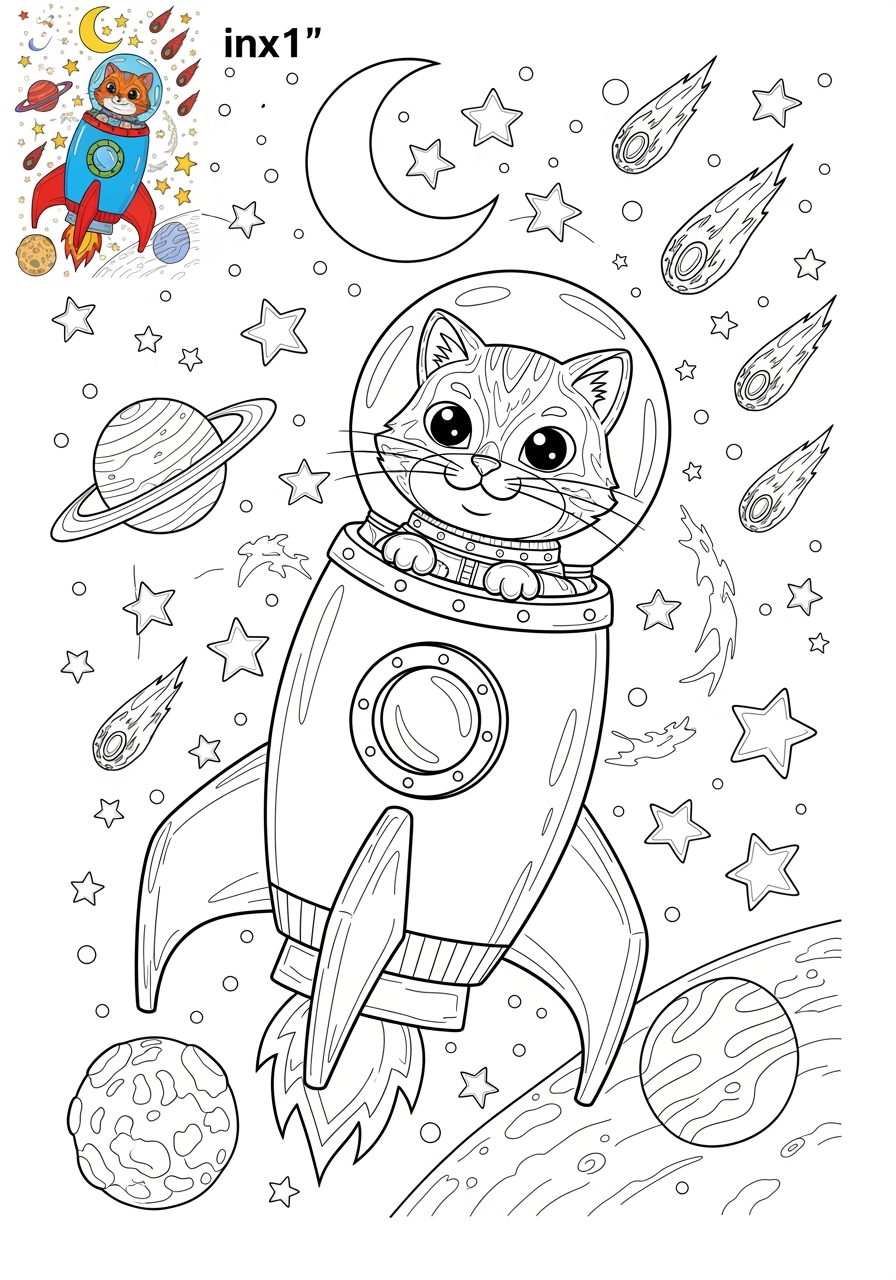 advanced space and astronomy Astronaut & Aliens space cat kids coloring page 0