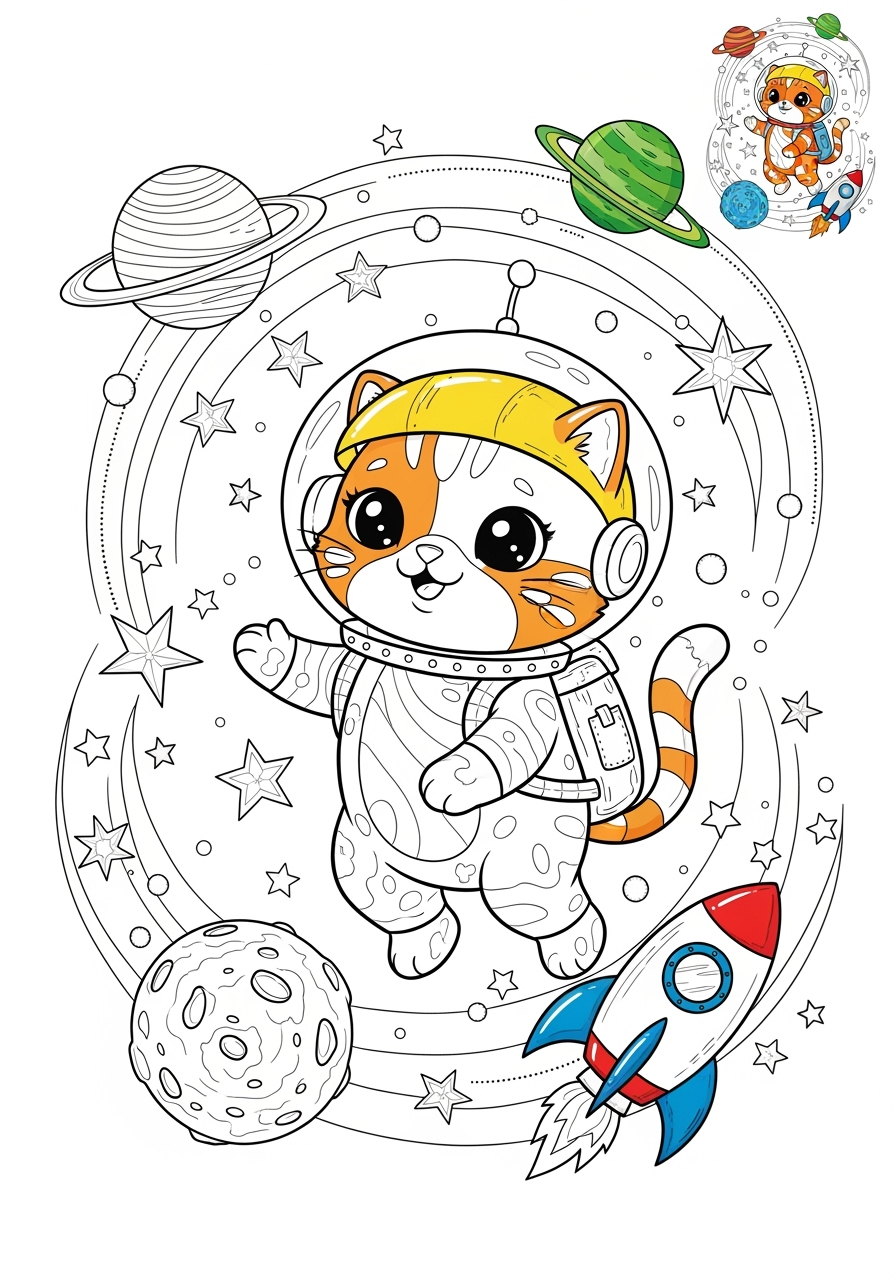 advanced space and astronomy Astronaut & Aliens space cat kids coloring page 1