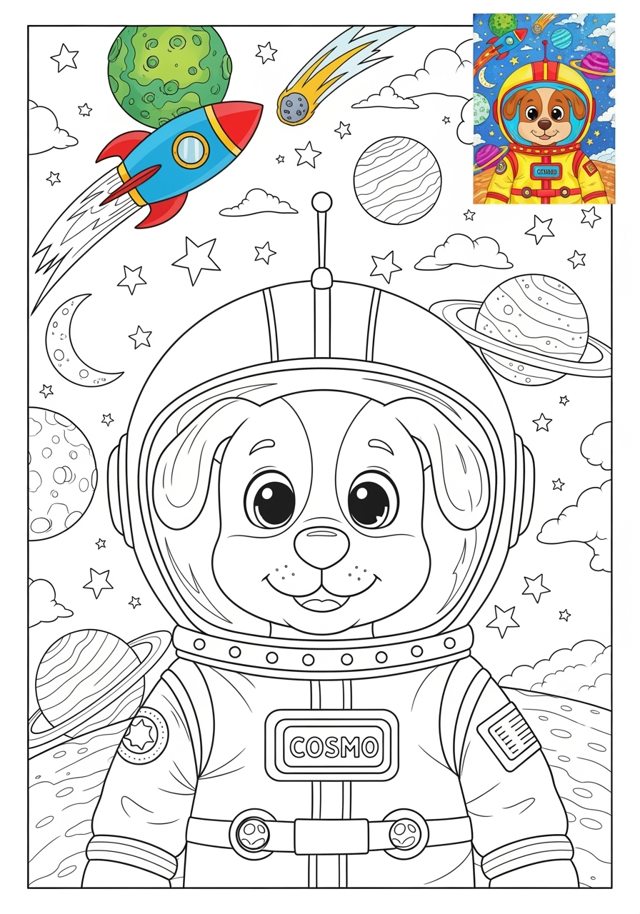 advanced space and astronomy Astronaut & Aliens space dog kids coloring page 0