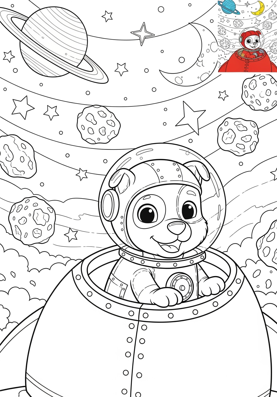 advanced space and astronomy Astronaut & Aliens space dog kids coloring page 1