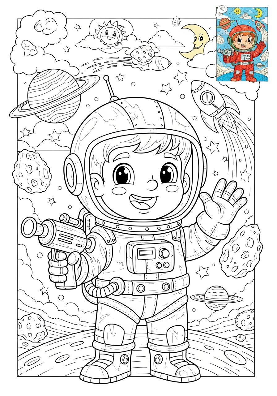 advanced space and astronomy Astronaut & Aliens space explorer kids coloring page 0