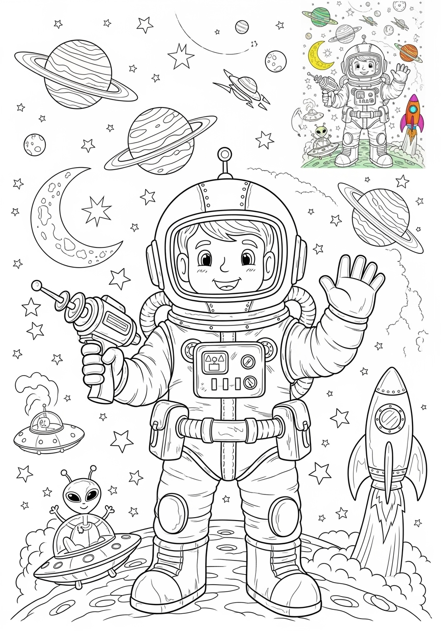 advanced space and astronomy Astronaut & Aliens space explorer kids coloring page 1