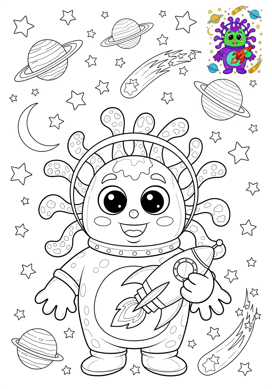 advanced space and astronomy Astronaut & Aliens space monster kids coloring page 0