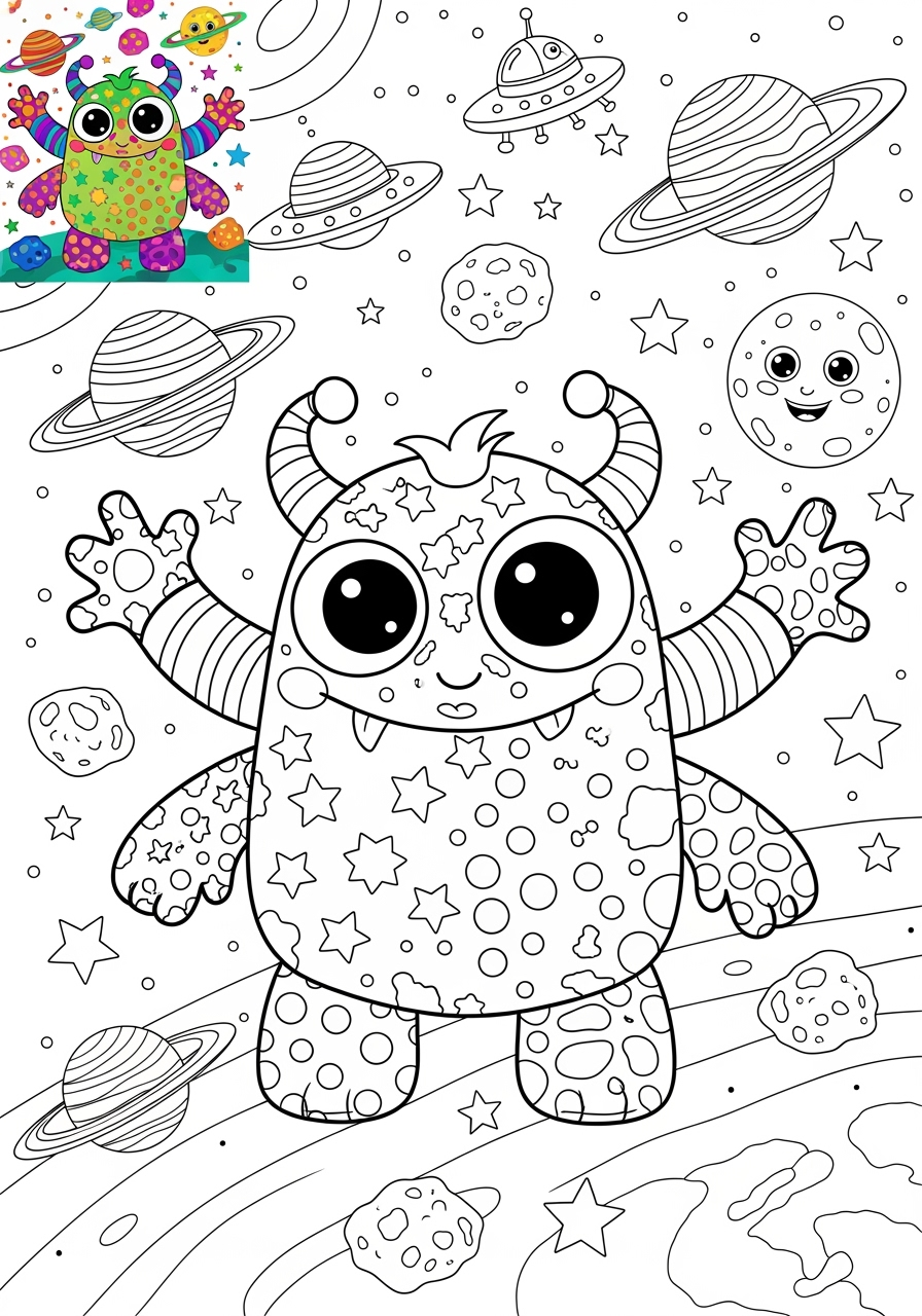 advanced space and astronomy Astronaut & Aliens space monster kids coloring page 1