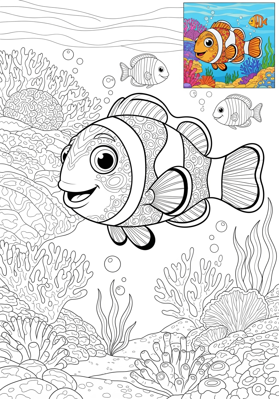 advanced underwater and ocean Sea Creatures clownfish kids coloring page 1