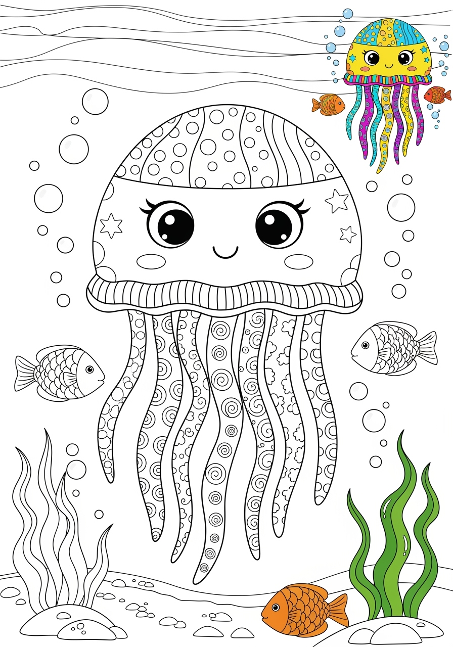 advanced underwater and ocean Sea Creatures jellyfish kids coloring page 0