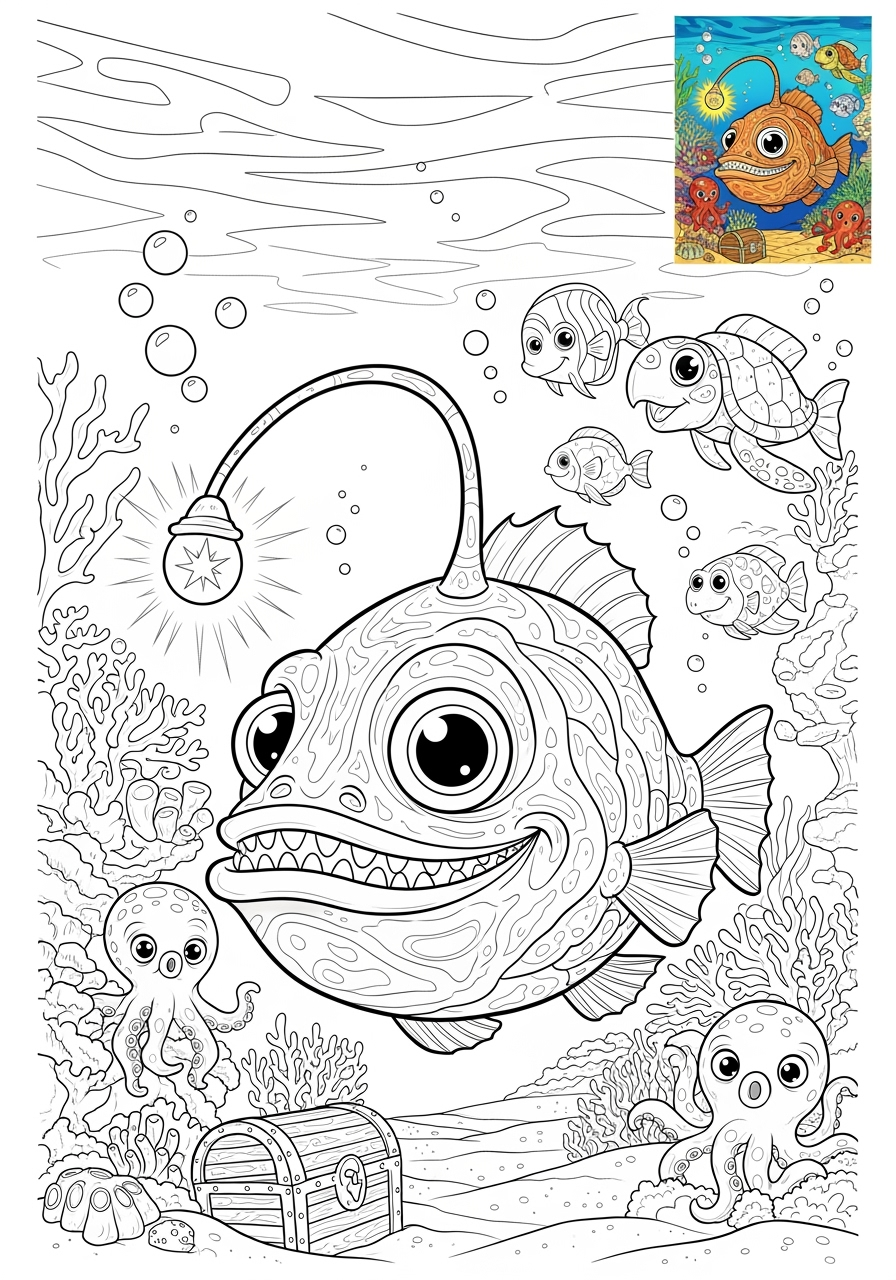 advanced underwater and ocean Ocean Scenes anglerfish kids coloring page 0