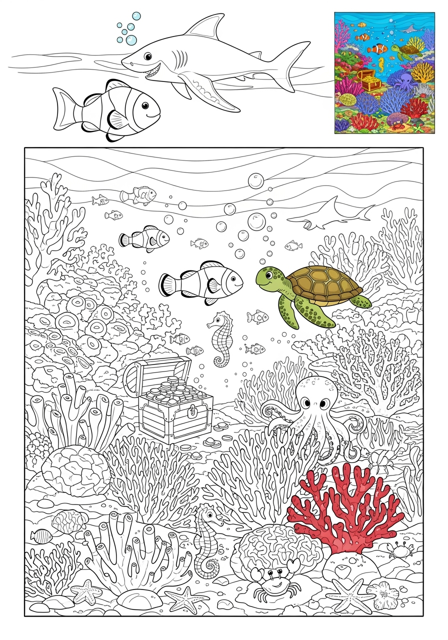 advanced underwater and ocean Ocean Scenes coral reef kids coloring page 0