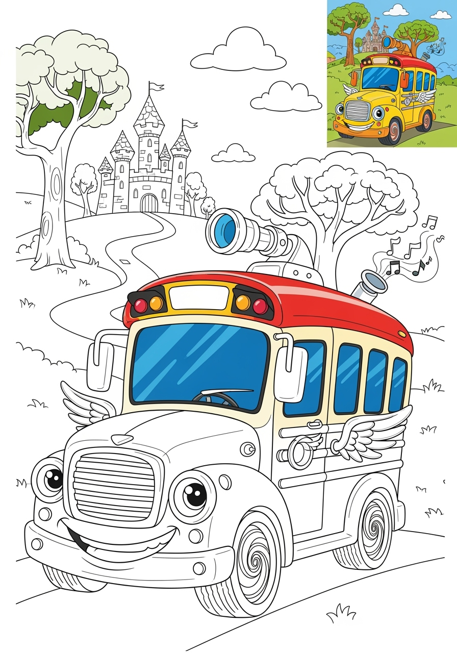 advanced vehicles Fantasy Vehicles magic bus kids coloring page 1