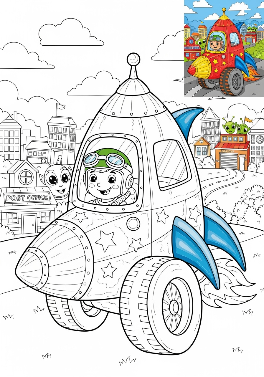 advanced vehicles Fantasy Vehicles rocket car kids coloring page 0