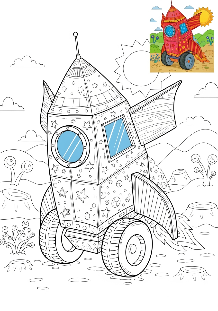 advanced vehicles Fantasy Vehicles rocket car kids coloring page 1
