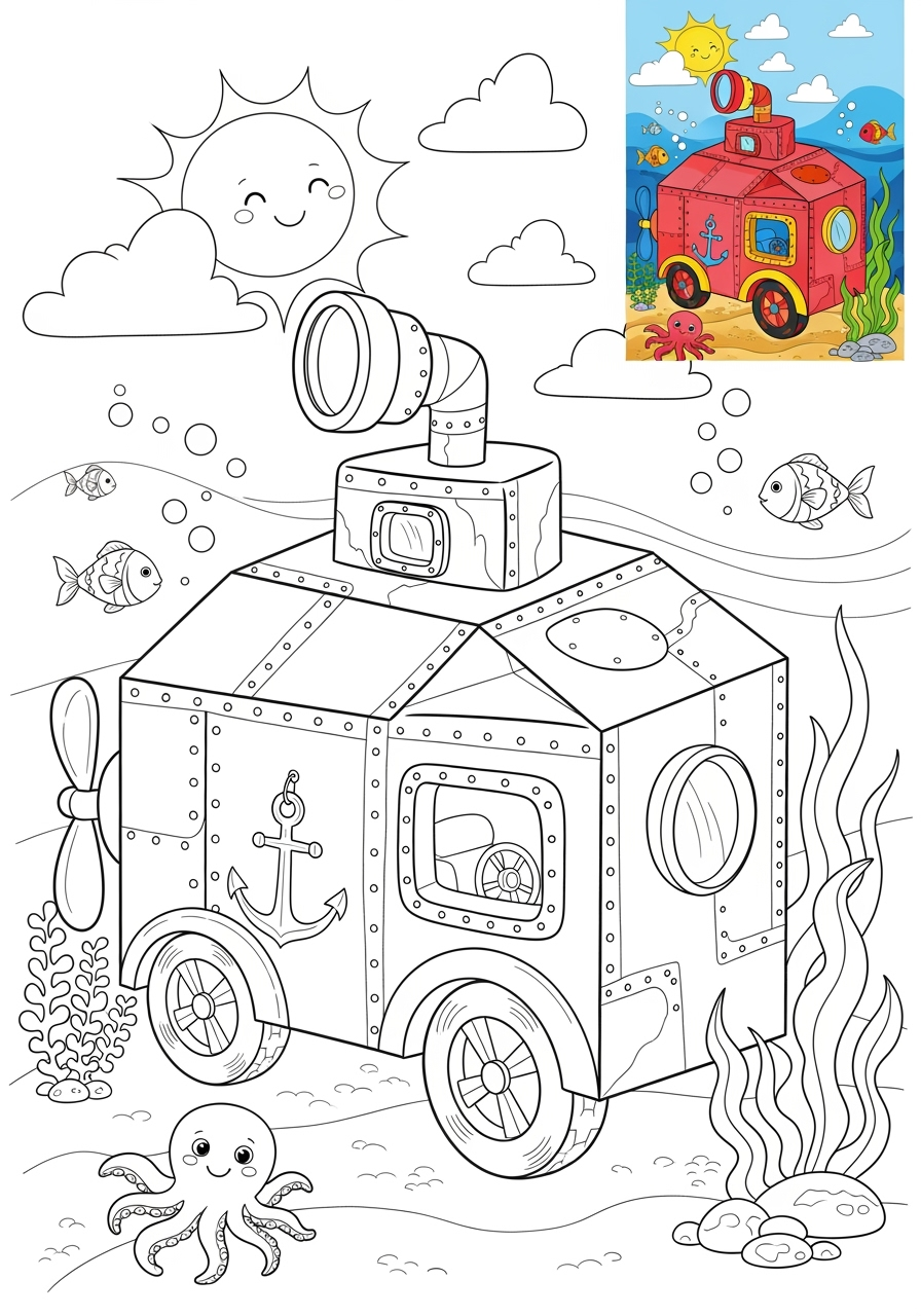 advanced vehicles Fantasy Vehicles submarine car kids coloring page 0