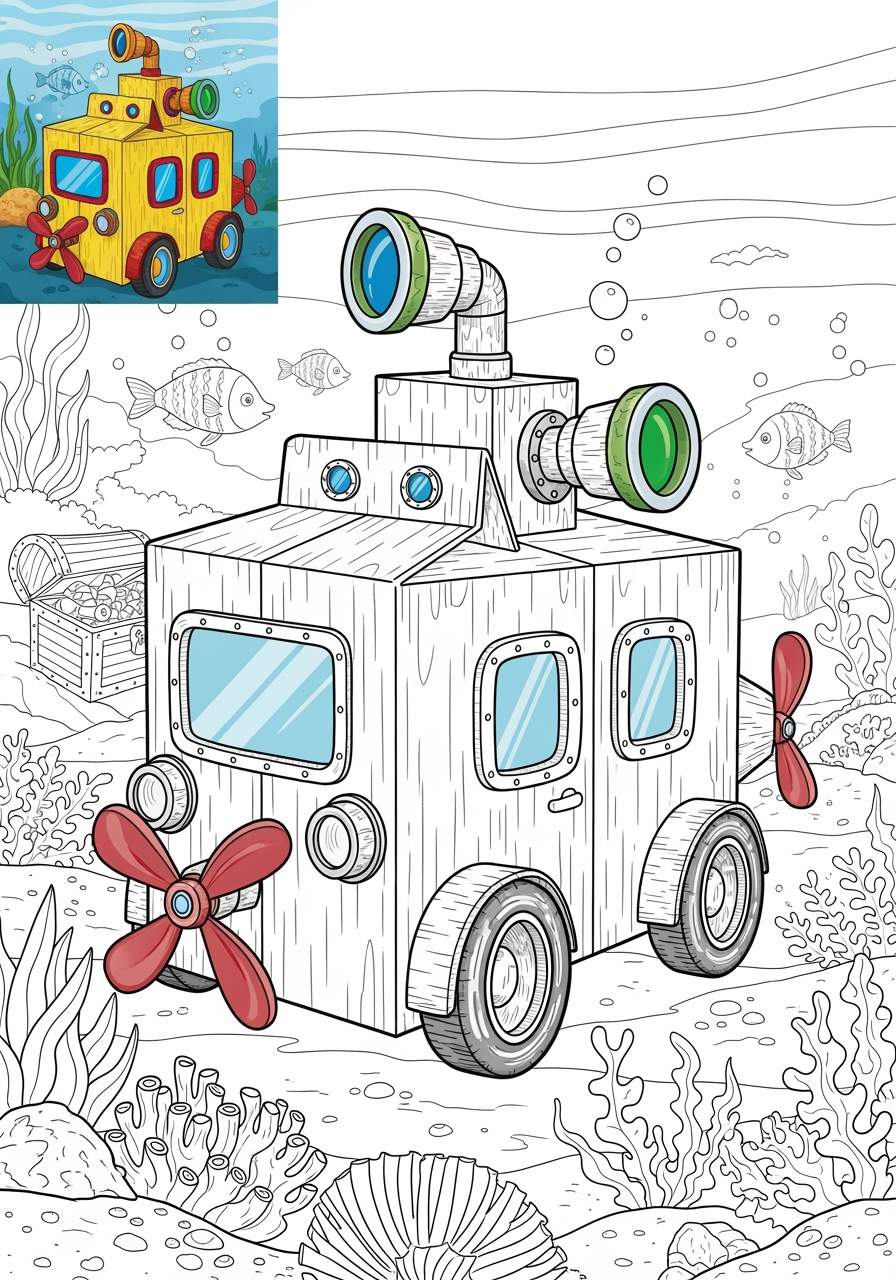 advanced vehicles Fantasy Vehicles submarine car kids coloring page 1
