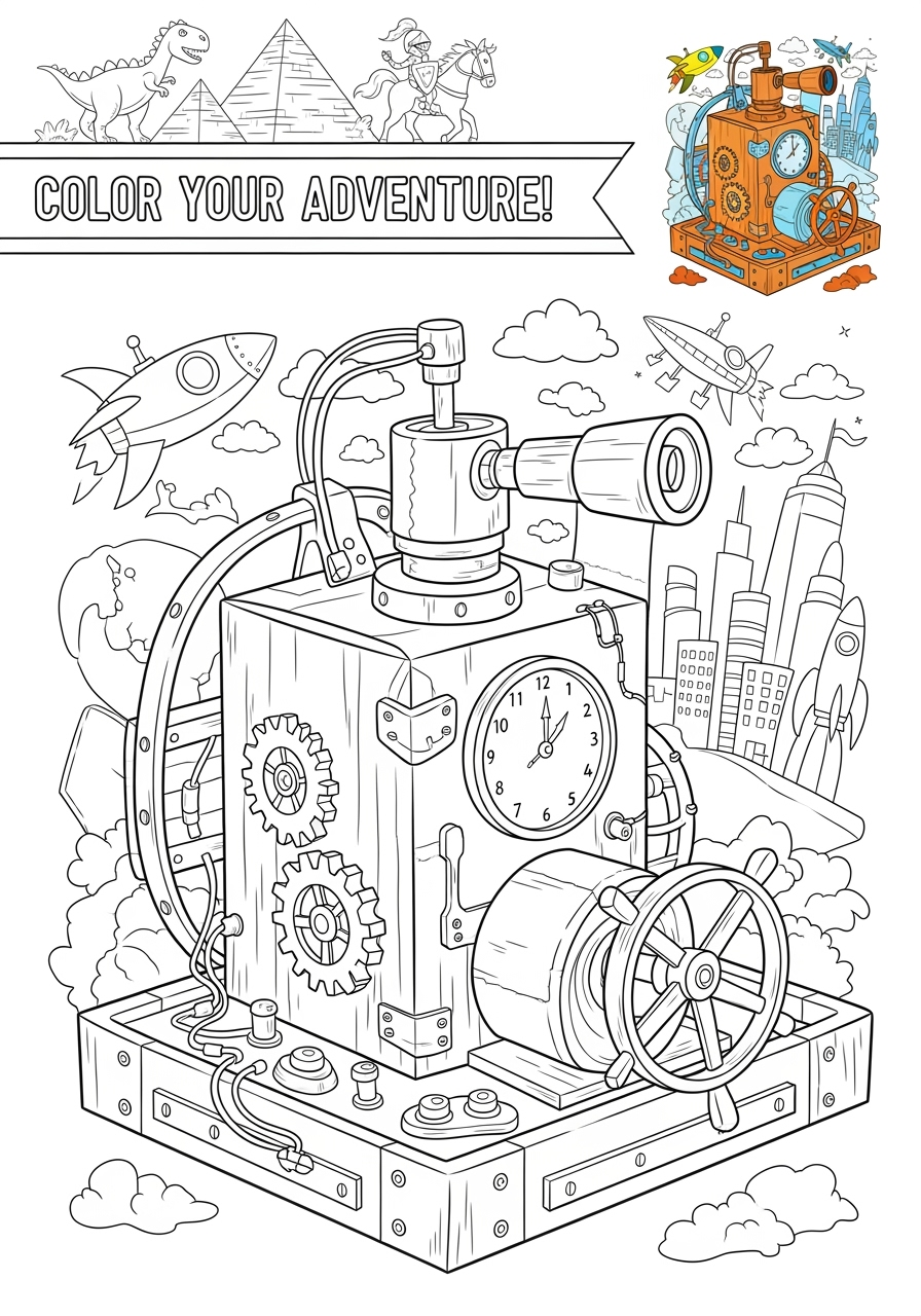 advanced vehicles Fantasy Vehicles time machine kids coloring page 1